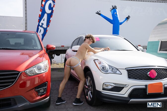 Car salesman Dom King fucks buyer Sam Ledger over the hood of an SUV