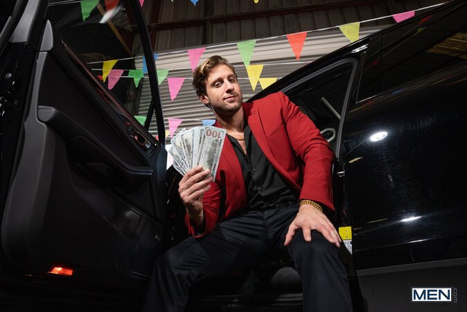 Car salesman Dom King fucks buyer Sam Ledger over the hood of an SUV
