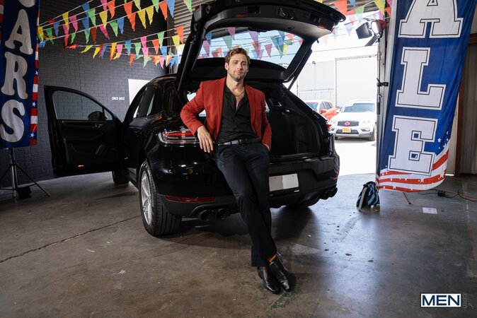 Car salesman Dom King fucks buyer Sam Ledger over the hood of an SUV