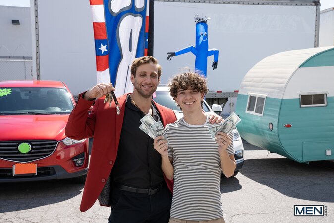 Car salesman Dom King fucks buyer Sam Ledger over the hood of an SUV