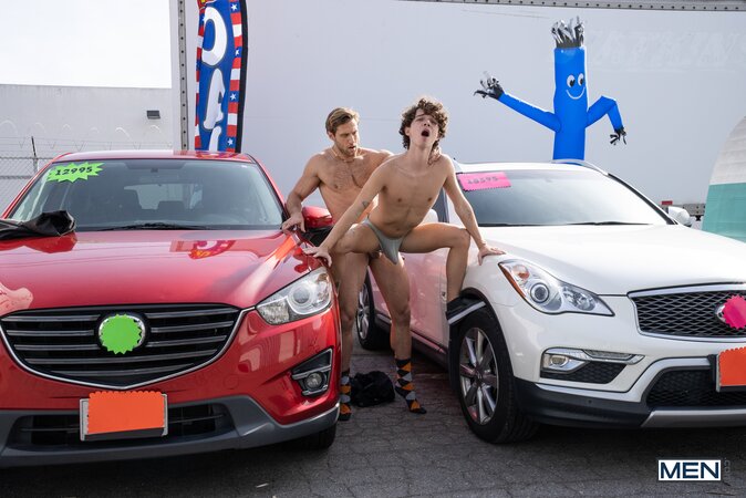 Car salesman Dom King fucks buyer Sam Ledger over the hood of an SUV