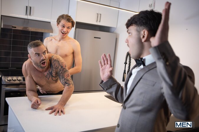 Prom date student Leo Louis bends silver fox daddy Leo Bacchus over the counter