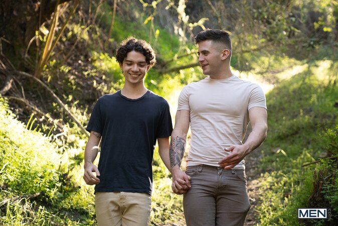 Trevor Brooks takes twink Sam Ledger on a outdoor walk that leads to a deep fuck
