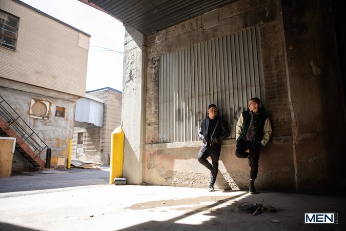 Miguel Exotic aggressively pushes Theo Brady against a warehouse wall for sex