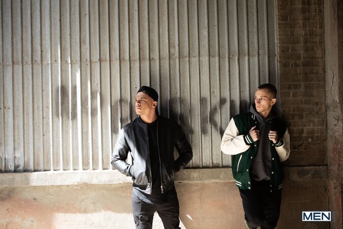 Miguel Exotic aggressively pushes Theo Brady against a warehouse wall for sex