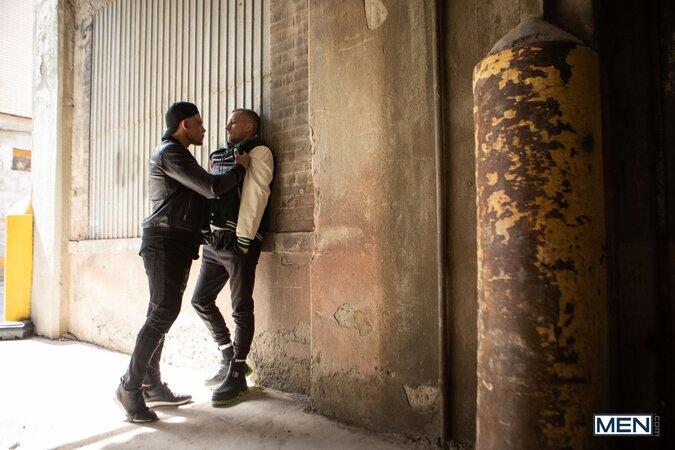 Miguel Exotic aggressively pushes Theo Brady against a warehouse wall for sex