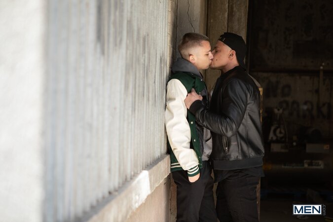 Miguel Exotic aggressively pushes Theo Brady against a warehouse wall for sex