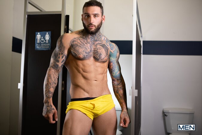 Malik Delgaty Johnny Donovan and Tony D'Angelo destroy a bathroom stall threesome