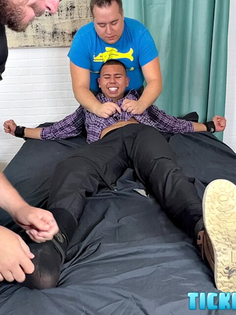 Threesome tickling session leaves Javier giggling and begging for mercy