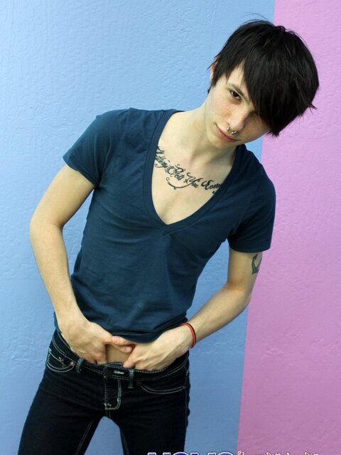 Emo twink strips and and shows tattoos on camera