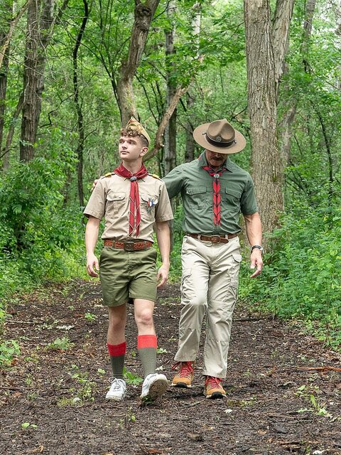 Scoutmaster Reece Scott fucks Canyon Cole hard against a tree