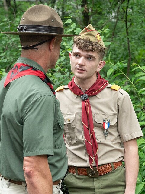 Scoutmaster Reece Scott fucks Canyon Cole hard against a tree