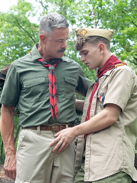 Scoutmaster Reece Scott fucks Canyon Cole hard against a tree