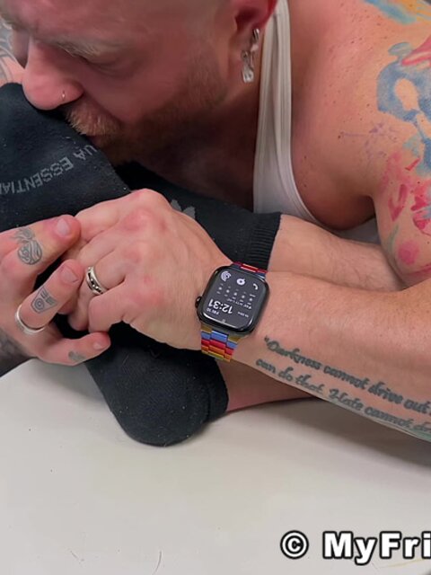 Riley sniffs Leo Nappo’s pits and worships his feet