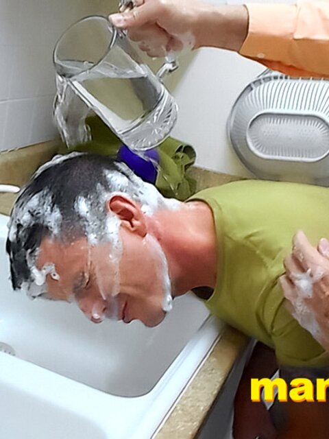 Richard Lennox washes Jeff Drizzle’s hair in kitchen