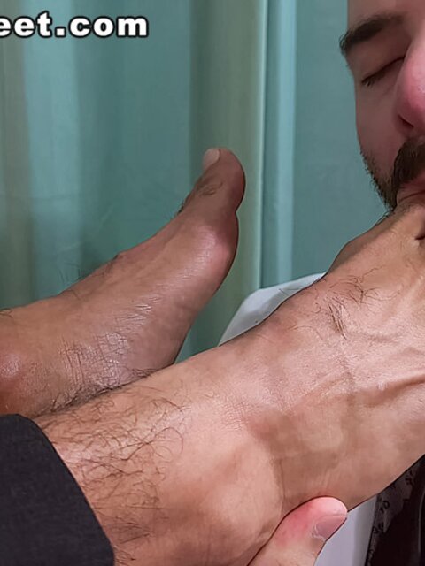 Dr. Thom worships Lando’s socked feet at clinic