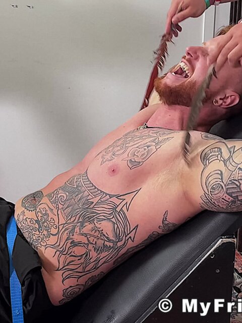Anthony G laughs loudly during foot fetish and bondage tickling