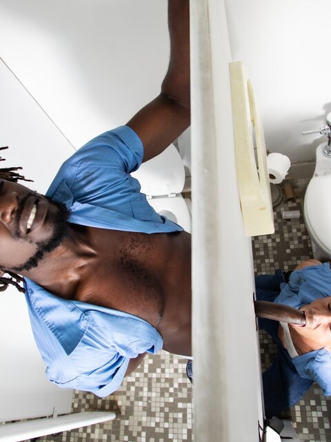 Devin Trez and Kirk Cummings trade oral, anal, and messy loads in the stall