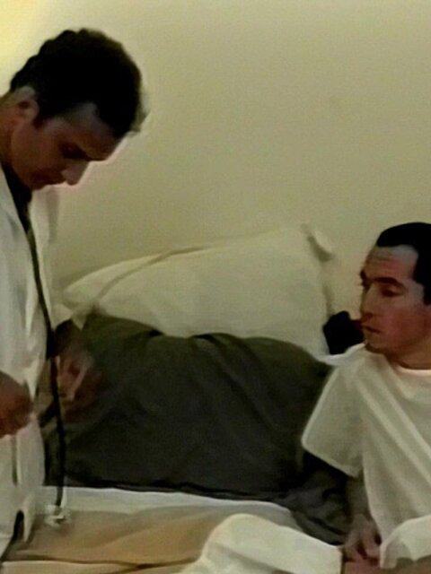 Doctor Nick Manetti checks Steven Turro’s hole with fingers and dildo