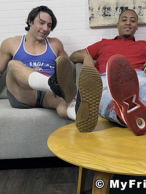 Archie worships Andre Page huge feet before jerking off hard