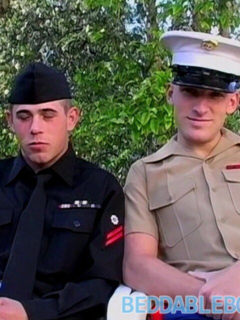 Josh Williams gives Matt Woods a deep blowjob outdoors during deployment visit