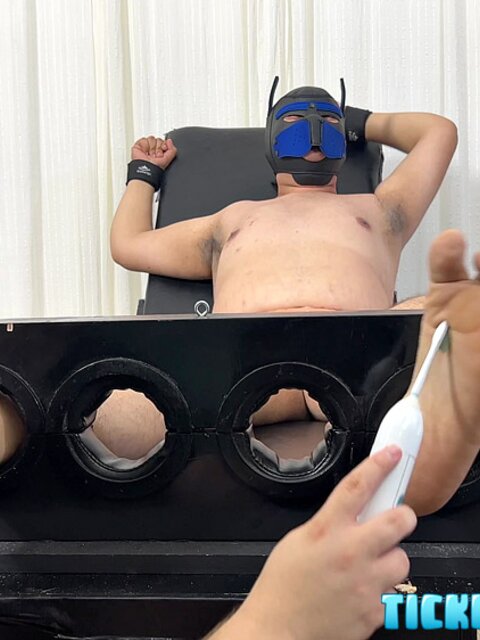 Matt teases Pup Carlos’s cock and balls while tickling his feet