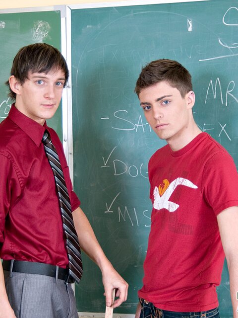 Andy Kay sucks Maddox Johnson’s cock in the classroom