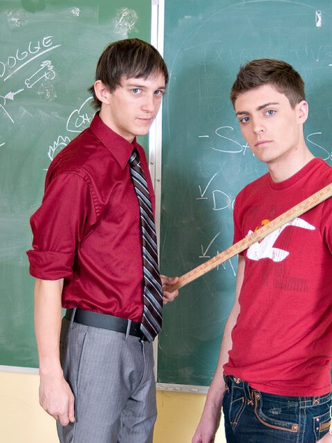 Andy Kay sucks Maddox Johnson’s cock in the classroom