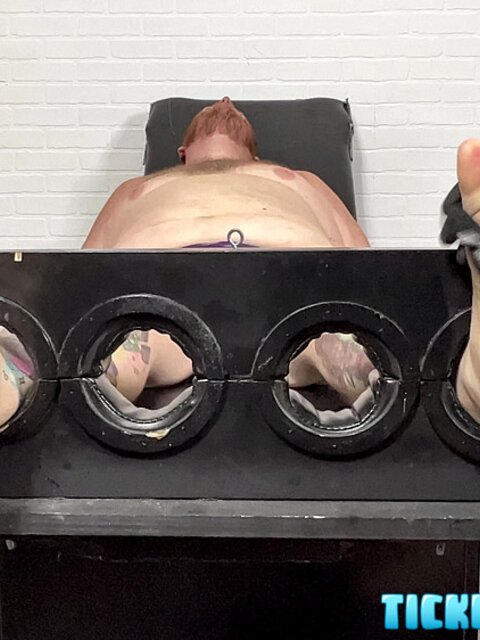 Big Red giggles as Matt teases his soles with tools