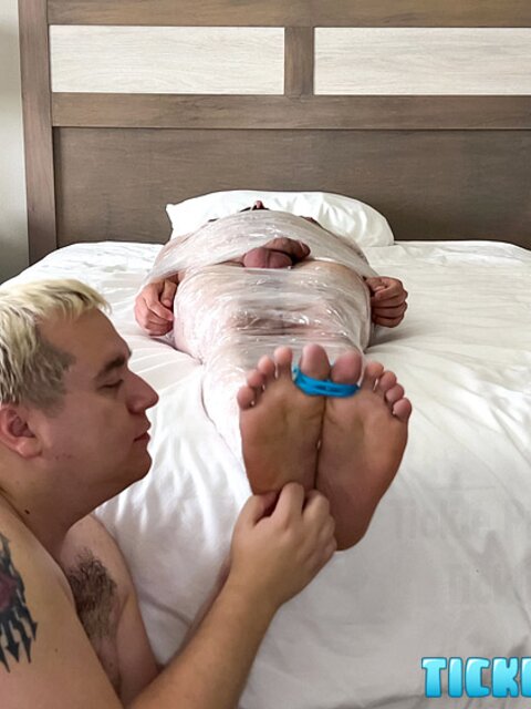 Tickle Prince mummified, toy teases, then self‑fuck