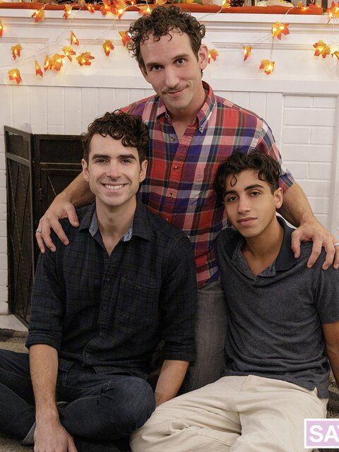 Gabe Bradshaw joins Greg and Mark for hot stepfamily fucking by firelight