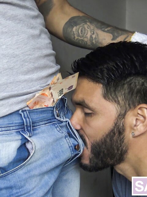 Client fingers David's hole before standing doggy in storage deal