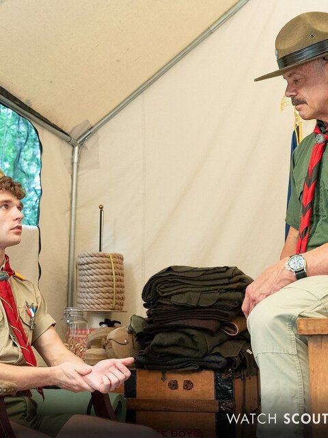 Scoutmaster Reece Scott punishes skinny-dipping Canyon Cole raw