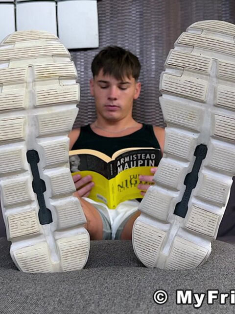 Ashton teases smooth soles in white ankle socks solo