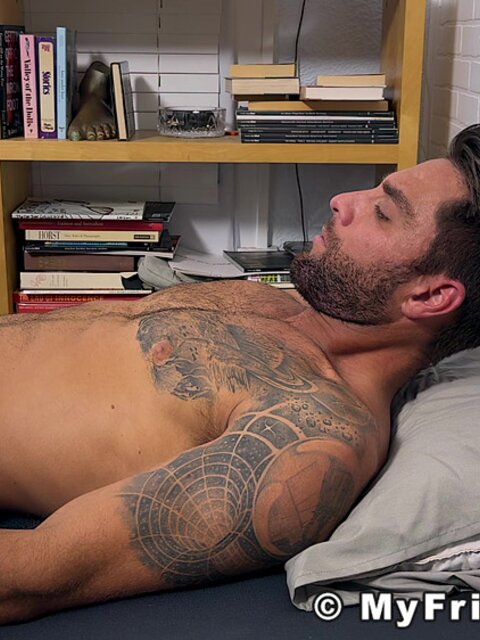 Dev sniffs and tongues Matt Stonehaven bare feet