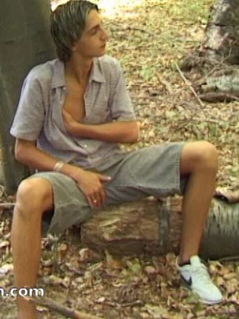 Euro twink Patrick jerks off and cums in the woods