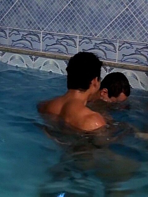 Lucio gets double-penetrated by Marios and Mateor poolside