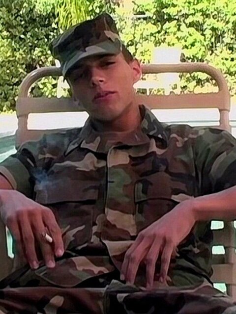 Army boy Rico Mantos jerks big cock outdoors in uniform