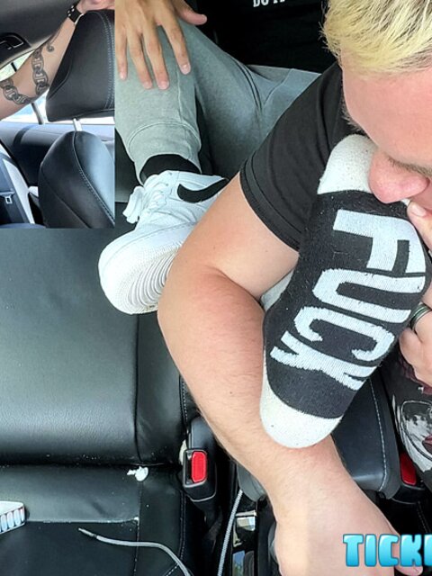 Milus gets his sweaty gym feet worshiped and tickled after the drive