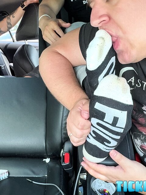 Milus gets his sweaty gym feet worshiped and tickled after the drive