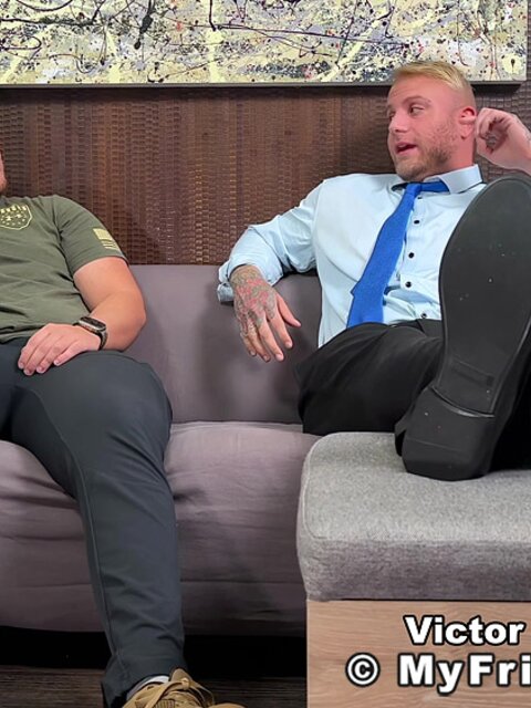 Dan Edwards worships Victor T's feet after a long day at work