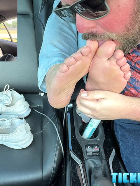 Nemo switches between licking Matt’s soles and tickling them like crazy in the car