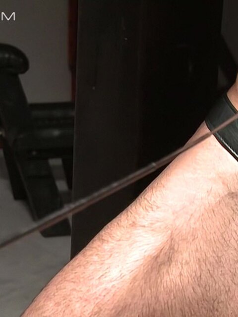 Luke Riley uses electro shocks and his own cock to punish hairy dom Nick Moretti
