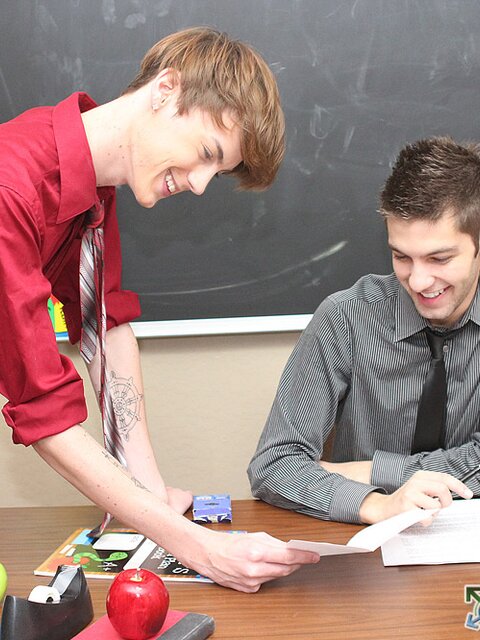 Elijah White and Max Morgan take a break from grading papers for hot desk sex