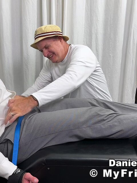 Daniel S howls with laughter as Dan Edwards joins the foot tickling show