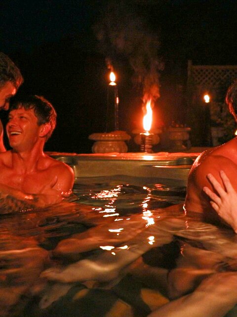 Colby Chambers and Mickey Knox host Ethan Adams and Finn August in a hot tub