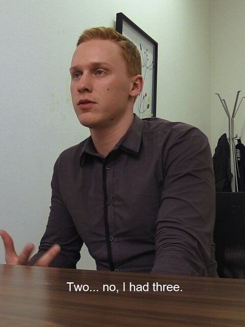 A shy ginger job seeker gets tested with a red dildo in the office