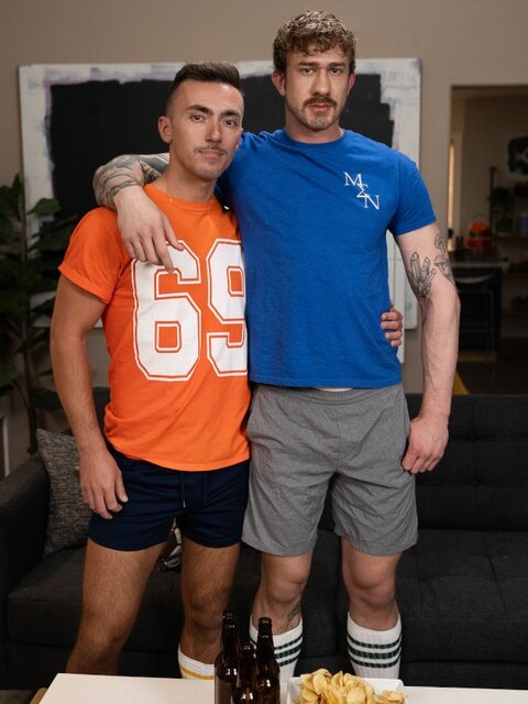 Joey Dane and Evan Jordie pick a lucky fantasy football slip to suck cock on the couch